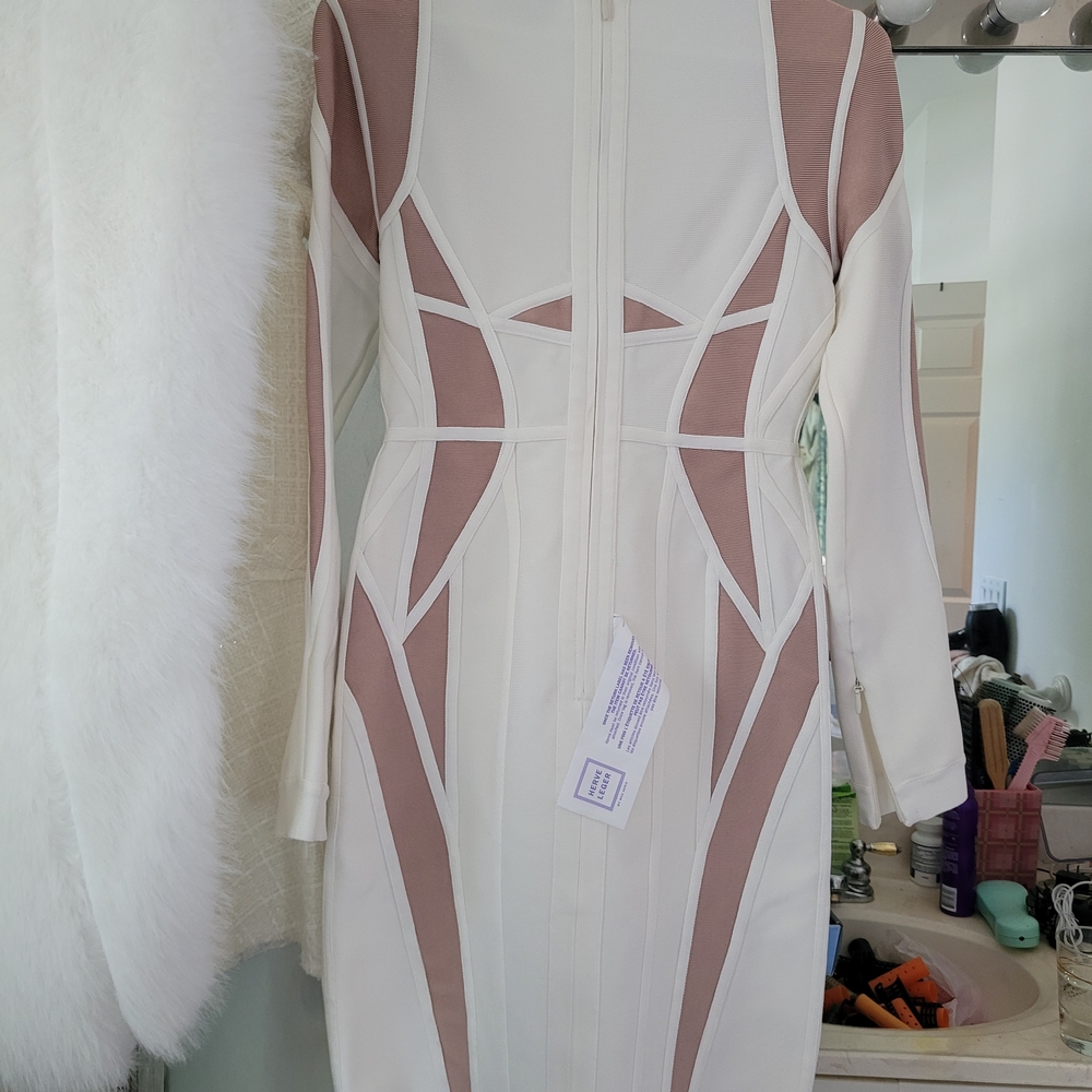Herve Leger White and Nude Long Sleeve Dress,Run Way. - Picture 5 of 7